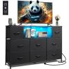 imageWLIVE Black TV Stand for 45 50 55 inch TV Entertainment Center with LED Lights ampamp Charging Station TV Media Console Table with 8 Fabric Drawers and Open Shelves for Living Room Hallway Wood TopBlack