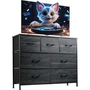 imageWLIVE 7 Drawer Dresser TV Stand Dressers for Bedroom Fabric Storage Tower Hallway Entryway Closets Sturdy Steel Frame Wood Top Easy Pull Handle WhiteCharcoal Black Wood Grain Print