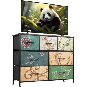 imageWLIVE 7 Drawer Dresser TV Stand Dressers for Bedroom Fabric Storage Tower Hallway Entryway Closets Sturdy Steel Frame Wood Top Easy Pull Handle WhiteFloral Painted