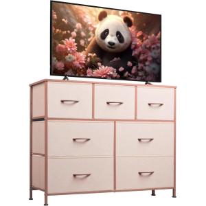 imageWLIVE 7 Drawer Dresser TV Stand Dressers for Bedroom Fabric Storage Tower Hallway Entryway Closets Sturdy Steel Frame Wood Top Easy Pull Handle WhitePink