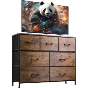 imageWLIVE 7 Drawer Dresser TV Stand Dressers for Bedroom Fabric Storage Tower Hallway Entryway Closets Sturdy Steel Frame Wood Top Easy Pull Handle WhiteRustic Brown Wood Grain Print
