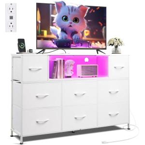 imageWLIVE Black TV Stand for 45 50 55 inch TV Entertainment Center with LED Lights ampamp Charging Station TV Media Console Table with 8 Fabric Drawers and Open Shelves for Living Room Hallway Wood TopWhite