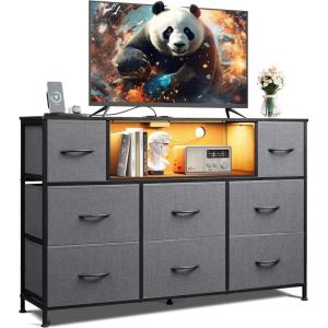 imageWLIVE Black TV Stand for 45 50 55 inch TV Entertainment Center with LED Lights ampamp Charging Station TV Media Console Table with 8 Fabric Drawers and Open Shelves for Living Room Hallway Wood TopDark Gray
