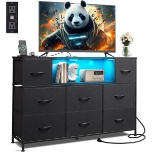 imageWLIVE Black TV Stand for 45 50 55 inch TV Entertainment Center with LED Lights ampamp Charging Station TV Media Console Table with 8 Fabric Drawers and Open Shelves for Living Room Hallway Wood TopBlack