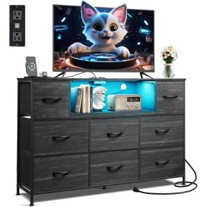 imageWLIVE Black TV Stand for 45 50 55 inch TV Entertainment Center with LED Lights ampamp Charging Station TV Media Console Table with 8 Fabric Drawers and Open Shelves for Living Room Hallway Wood TopCharcoal Black Wood Grain