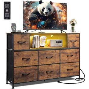imageWLIVE Black TV Stand for 45 50 55 inch TV Entertainment Center with LED Lights ampamp Charging Station TV Media Console Table with 8 Fabric Drawers and Open Shelves for Living Room Hallway Wood TopRustic Brown