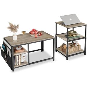 imageWLIVE Coffee Table 401quot Farmhouse Coffee Table with Slatted Storage Shelf ampamp XShape Frame 2Tier Wood Center Table for Living Room Balcony Grey ampamp WhiteGreige