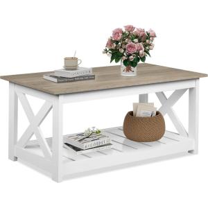 imageWLIVE Coffee Table 401quot Farmhouse Coffee Table with Slatted Storage Shelf ampamp XShape Frame 2Tier Wood Center Table for Living Room Balcony Grey ampamp WhiteGreywhite