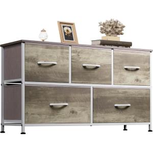 imageWLIVE Dresser for Bedroom with 5 Drawers Wide Chest of Drawers Fabric Dresser Storage Organizer Unit with Fabric Bins for Closet Living Room Hallway Black and Rustic BrownGreige Oak