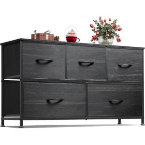 imageWLIVE Dresser for Bedroom with 5 Drawers Wide Chest of Drawers Fabric Dresser Storage Organizer Unit with Fabric Bins for Closet Living Room Hallway Black and Rustic BrownCharcoal Black Wood Grain Print