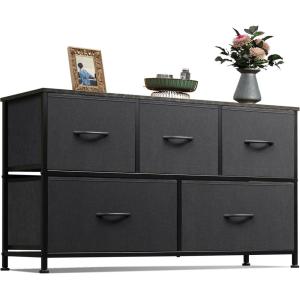 imageWLIVE Dresser for Bedroom with 5 Drawers Wide Chest of Drawers Fabric Dresser Storage Organizer Unit with Fabric Bins for Closet Living Room Hallway Black and Rustic BrownCharcoal Black