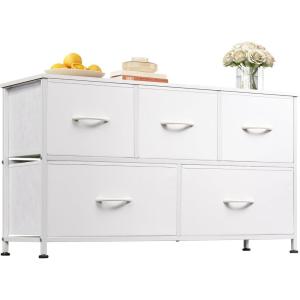 imageWLIVE Dresser for Bedroom with 5 Drawers Wide Chest of Drawers Fabric Dresser Storage Organizer Unit with Fabric Bins for Closet Living Room Hallway Black and Rustic BrownWhite