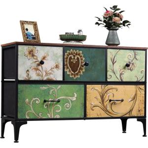 imageWLIVE Dresser for Bedroom with 5 Drawers Wide Chest of Drawers Fabric Dresser Storage Organizer Unit with Fabric Bins for Closet Living Room Hallway Black and Rustic BrownFloral Painted