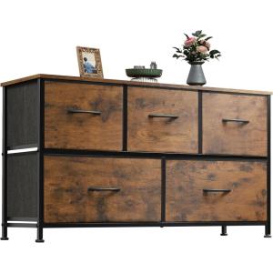 imageWLIVE Dresser for Bedroom with 5 Drawers Wide Chest of Drawers Fabric Dresser Storage Organizer Unit with Fabric Bins for Closet Living Room Hallway Black and Rustic BrownRustic Brown Wood Grain Print