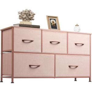 imageWLIVE Dresser for Bedroom with 5 Drawers Wide Chest of Drawers Fabric Dresser Storage Organizer Unit with Fabric Bins for Closet Living Room Hallway Black and Rustic BrownPink