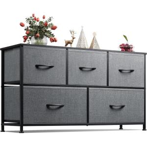 imageWLIVE Dresser for Bedroom with 5 Drawers Wide Chest of Drawers Fabric Dresser Storage Organizer Unit with Fabric Bins for Closet Living Room Hallway Black and Rustic BrownDark Gray