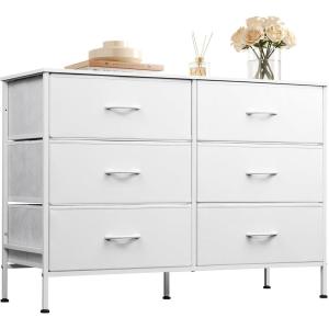 imageWLIVE Dresser for Bedroom with 6 Drawers Wide Fabric Dresser TV Stand for 50 Inches TV with Metal Frame Wooden Top Fabric Storage Organizer for Livingroom Hallway Dark GrayWhite