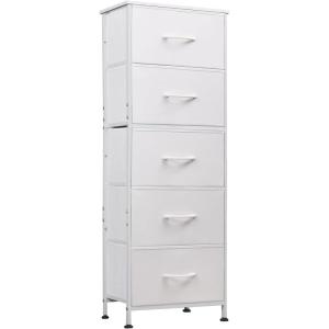 imageWLIVE Fabric Dresser 5Drawer Tall Dresser for Bedroom Storage Organizer with Fabric Bins Wood Top Sturdy Steel Frame Chest of Drawers for Closet Hallway Rustic Brown Wood Grain PrintWhite