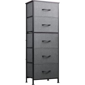 imageWLIVE Fabric Dresser 5Drawer Tall Dresser for Bedroom Storage Organizer with Fabric Bins Wood Top Sturdy Steel Frame Chest of Drawers for Closet Hallway Rustic Brown Wood Grain PrintAdark Grey