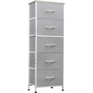 imageWLIVE Fabric Dresser 5Drawer Tall Dresser for Bedroom Storage Organizer with Fabric Bins Wood Top Sturdy Steel Frame Chest of Drawers for Closet Hallway Rustic Brown Wood Grain PrintLight Grey
