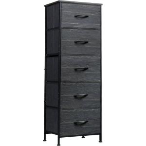 imageWLIVE Fabric Dresser 5Drawer Tall Dresser for Bedroom Storage Organizer with Fabric Bins Wood Top Sturdy Steel Frame Chest of Drawers for Closet Hallway Rustic Brown Wood Grain PrintCharcoal Black Wood Grain Print