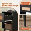 imageWLIVE Black Rattan Night Stand with Charger Station Small Side Table Drawer Storage and Shelf Mid Century Nightstands with Rattan Decor Small Side Table for Bedroom BlackRattan Black