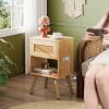 imageWLIVE Black Rattan Night Stand with Charger Station Small Side Table Drawer Storage and Shelf Mid Century Nightstands with Rattan Decor Small Side Table for Bedroom BlackRattan Natural Wood