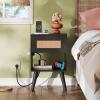imageWLIVE Black Rattan Night Stand with Charger Station Small Side Table Drawer Storage and Shelf Mid Century Nightstands with Rattan Decor Small Side Table for Bedroom BlackRattan Black