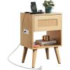 imageWLIVE Black Rattan Night Stand with Charger Station Small Side Table Drawer Storage and Shelf Mid Century Nightstands with Rattan Decor Small Side Table for Bedroom BlackRattan Natural Wood