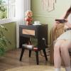 imageWLIVE Black Rattan Night Stand with Charger Station Small Side Table Drawer Storage and Shelf Mid Century Nightstands with Rattan Decor Small Side Table for Bedroom BlackRattan Black