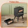 imageWLIVE Black Rattan Night Stand with Charger Station Small Side Table Drawer Storage and Shelf Mid Century Nightstands with Rattan Decor Small Side Table for Bedroom BlackRattan Black