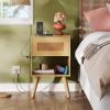 imageWLIVE Black Rattan Night Stand with Charger Station Small Side Table Drawer Storage and Shelf Mid Century Nightstands with Rattan Decor Small Side Table for Bedroom BlackRattan Natural Wood
