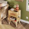 imageWLIVE Black Rattan Night Stand with Charger Station Small Side Table Drawer Storage and Shelf Mid Century Nightstands with Rattan Decor Small Side Table for Bedroom BlackRattan Natural Wood