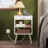 imageWLIVE Black Rattan Night Stand with Charger Station Small Side Table Drawer Storage and Shelf Mid Century Nightstands with Rattan Decor Small Side Table for Bedroom BlackSolid White