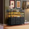 imageWLIVE Black TV Stand for 40 45 inch TV Entertainment Center with LED Lights ampamp Charging Station TV Media Console Table with 6 Fabric Drawers and Open Shelves for Living Room Hallway Wood TopCharcoal Black Wood Grain Print