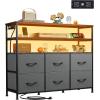 imageWLIVE Black TV Stand for 40 45 inch TV Entertainment Center with LED Lights ampamp Charging Station TV Media Console Table with 6 Fabric Drawers and Open Shelves for Living Room Hallway Wood TopDark Gray