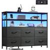 imageWLIVE Black TV Stand for 40 45 inch TV Entertainment Center with LED Lights ampamp Charging Station TV Media Console Table with 6 Fabric Drawers and Open Shelves for Living Room Hallway Wood TopCharcoal Black Wood Grain Print