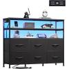 imageWLIVE Black TV Stand for 40 45 inch TV Entertainment Center with LED Lights ampamp Charging Station TV Media Console Table with 6 Fabric Drawers and Open Shelves for Living Room Hallway Wood TopBlack