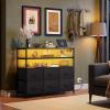 imageWLIVE Black TV Stand for 40 45 inch TV Entertainment Center with LED Lights ampamp Charging Station TV Media Console Table with 6 Fabric Drawers and Open Shelves for Living Room Hallway Wood TopBlack