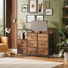 imageWLIVE Black TV Stand with Charging Station Entertainment Center with 8 Fabric Drawer TV Media Console Table Open Storage Shelves Wood Top for Living Room HallwayRustic Brown Wood Grain Print