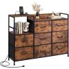 imageWLIVE Black TV Stand with Charging Station Entertainment Center with 8 Fabric Drawer TV Media Console Table Open Storage Shelves Wood Top for Living Room HallwayRustic Brown Wood Grain Print