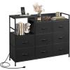 imageWLIVE Black TV Stand with Charging Station Entertainment Center with 8 Fabric Drawer TV Media Console Table Open Storage Shelves Wood Top for Living Room HallwayBlack