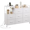 imageWLIVE Black TV Stand with Charging Station Entertainment Center with 8 Fabric Drawer TV Media Console Table Open Storage Shelves Wood Top for Living Room HallwayWhite