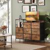 imageWLIVE Black TV Stand with Charging Station Entertainment Center with 8 Fabric Drawer TV Media Console Table Open Storage Shelves Wood Top for Living Room HallwayRustic Brown Wood Grain Print