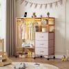 imageWLIVE Dresser for Bedroom with Clothes Rack 3 Drawer Dresser with LED Lights ampamp Charging Station Fabric Dressers ampamp Chest of Drawers Storage Organizer with Open Shelves for Closet Living Room PinkPink