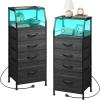 imageWLIVE Night Stand with Charger Station White Nightstand with LED Light and 4 Storage Drawers Tall Dresser for Bedroom 3748quot H Bedside Table with Fabric Bins Wood ShelfCharcoal Black Wood Grain Print
