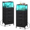 imageWLIVE Night Stand with Charger Station White Nightstand with LED Light and 4 Storage Drawers Tall Dresser for Bedroom 3748quot H Bedside Table with Fabric Bins Wood ShelfBlack