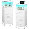 imageWLIVE Night Stand with Charger Station White Nightstand with LED Light and 4 Storage Drawers Tall Dresser for Bedroom 3748quot H Bedside Table with Fabric Bins Wood ShelfWhite