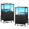 imageWLIVE Nightstand with Charging Station LED Night Stand with 2 Fabric Drawers and Open Shelf Small Dresser for Small Spaces Side End Tables for Bedroom Rustic Brown and BlackBlack