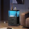 imageWLIVE Nightstand with Charging Station LED Night Stand with 2 Fabric Drawers and Open Shelf Small Dresser for Small Spaces Side End Tables for Bedroom Rustic Brown and BlackCharcoal Black